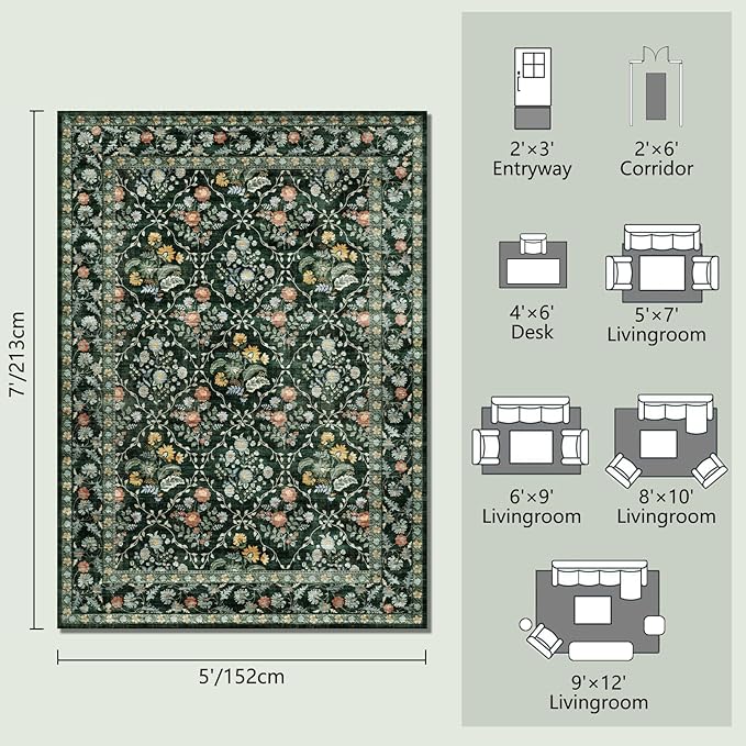 Vintage Botanical Dark Green Area Rug 5x7 Elegant Floral Pattern, Durable Stain-Resistant Fabric, Perfect for Living Room, Bedroom, Dining Room Decor