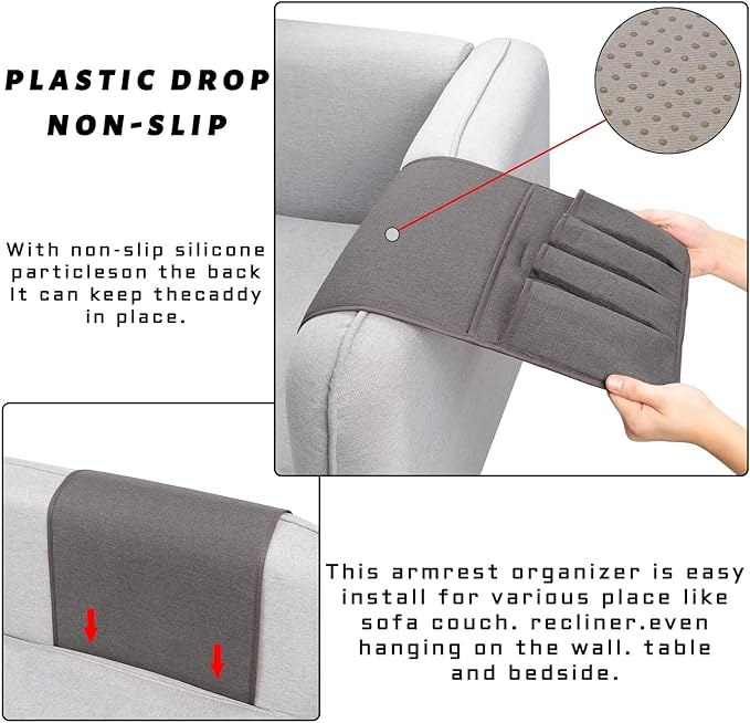 NB Remote Control Holder，Bedside & Armchair & Couch Caddy with Non-Slip Base，5 Pockets Oxford Fabric Bed Desk Storage Pocket for Phone Tablet Kindle Magazines，Gifts for Seniors (Dark Grey, 35"X12.4")