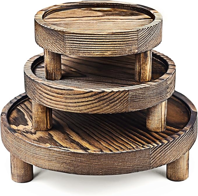 Wood Display Riser Set, 3 Piece Decorative Pedestal Stand, 8/6/5 Inch, Rustic Brown