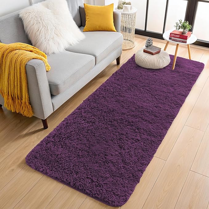 OLANLY 2x4 Machine Washable Runner Rugs for Hallway, Soft Fluffy Shaggy Bedside Rugs for Bedroom, Living Room, Indoor Floor Carpet for Kids Girls and Boys, Home Decor Aesthetic, Dark Purple