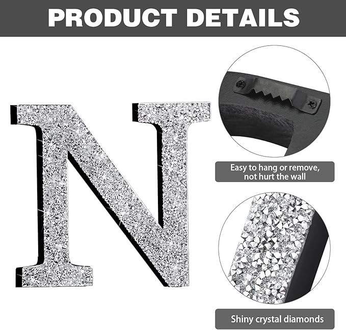 Qunclay 12'' Silver Crystal Diamond Bling Letters Crushed Diamond Decoration Wooden Glitter Letter with Screw and Hooks Rhinestone Gift for Wedding Y2k Mcbling Bedroom Wall Decor (Letter N)