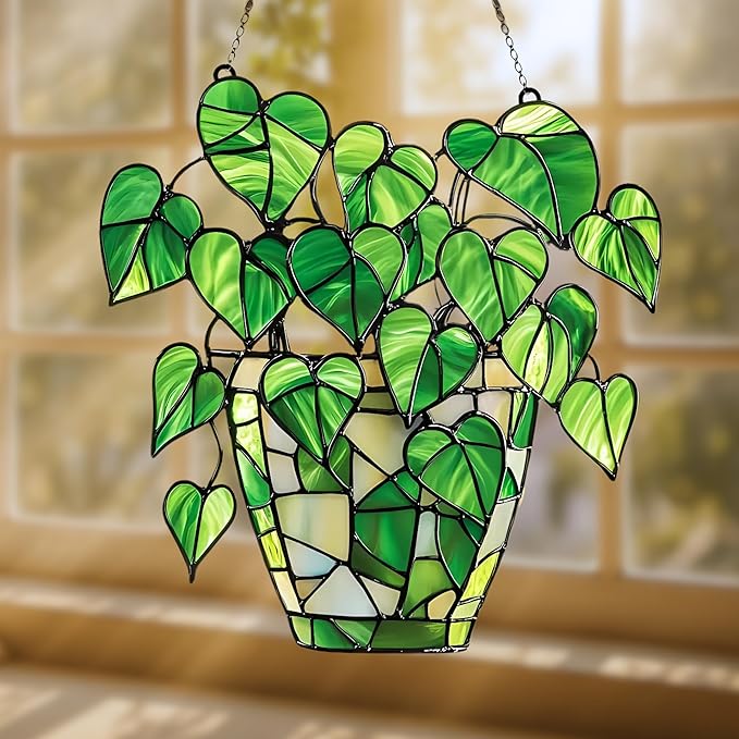 Pothos Monstera Plants Acrylic Suncatcher, Boho Suncatchers for Window Hangings, Stained Glass Effect Indoor Outdoor Garden Decor for Nature Lover, Gifts for Mother's Day, Mom, Grandma, Wife, Women