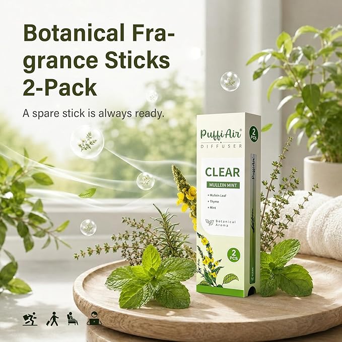 PUFFIAIR Botanical Fragrance Stick Set – Plant-Based Mullein, Thyme & Mint Botanical Scent, Portable Non-Electric Personal Fragrance Accessory, 2-Pack