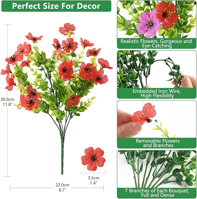 Artificial Fake Flowers for Outdoors Spring Decor, 12 Bundles Faux Silk Flowers Daisy Eucalyptus Plants UV Resisitant Colorful Artificial Flowers for Outside Planter Pots Front Porch Garden Patio