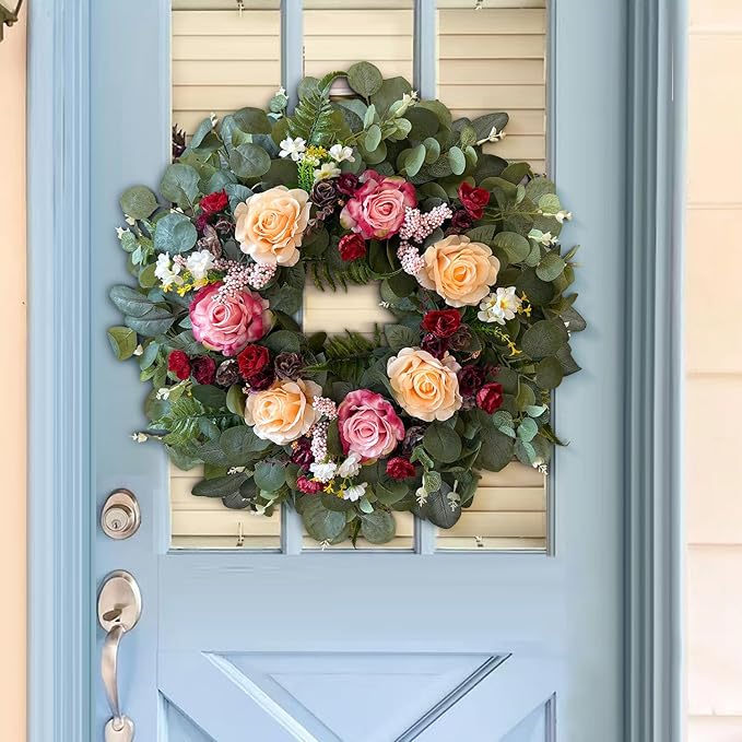 WANNA-CUL 24 Inch Spring Wreaths for Front Door,Spring Mothers Day Wreath Gifts Decorations with Pink,Champagne, Burgundy Rose and Eucalyptus Leaves for Valentines Day,Wedding or Indoor&Outdoor Decor