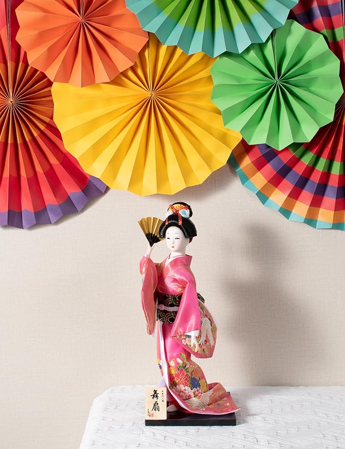 ALAMIYA Home Decoration Asian Japanese Geisha Kimono Doll Collectible Figurine Gift with Paper Fan