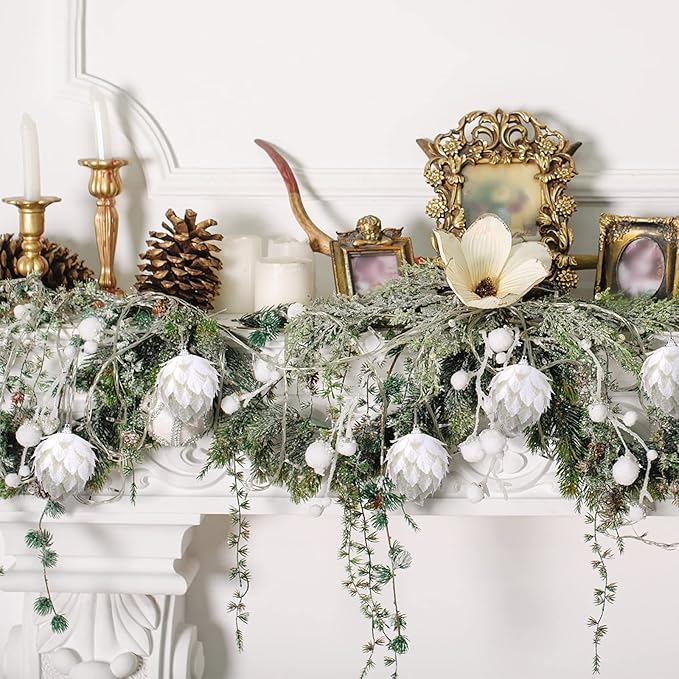 Jetec 8 Pieces Christmas Ornaments Glitter Christmas Tree Hanging Decoration Decorative Artificial Pine Cones Flowers Hanging Ornaments for Winter Wreath Holiday Decor(White)
