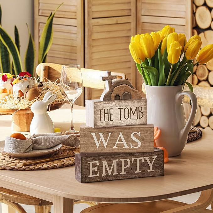 Lineshading 4 Pcs Easter Table Decorations Empty Tomb Wooden Block Sign Resurrection Scene Christian Decor with Cross, Vintage Religious Centerpieces for Easter, Home, Church, Faith Gift for Believers