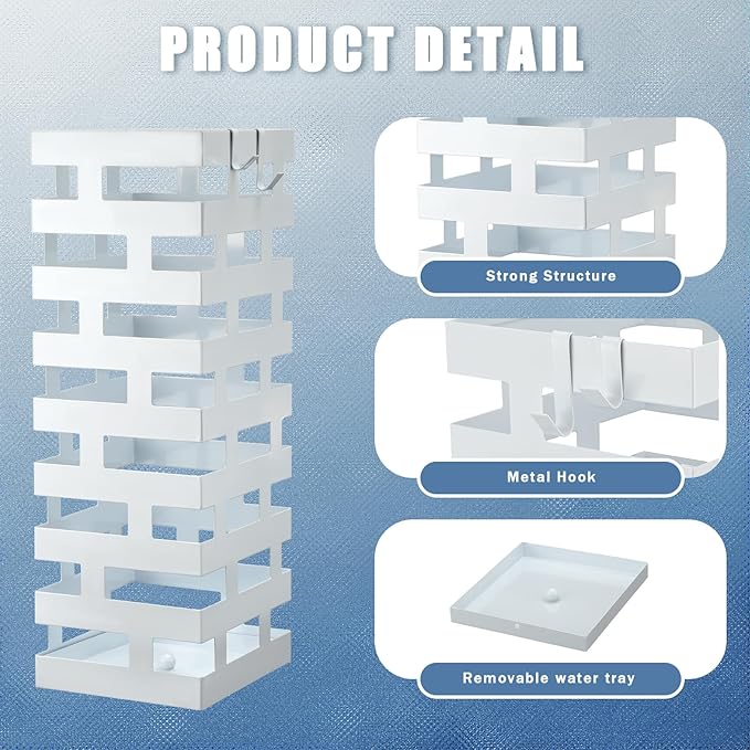 Tudomro Umbrella Stands for Entryway Large Metal Umbrella Holder 6.3 x 5.5 x 16.5 Inches with Removable Water Tray and Hooks Decor Freestanding Rectangular Storage Hollow Rack for Home Office (White)