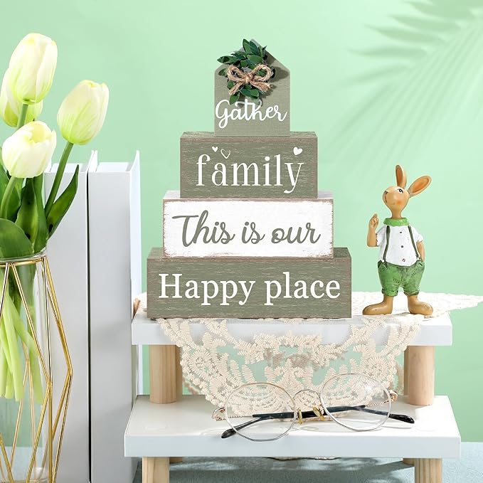 Cinnvoice 4 Pcs Farmhouse Tabletop Decor Rustic Family Blessed Home Table Centerpiece This Is Us Sign for Kitchen Shelf Desk Fireplace Mantel Tiered Tray Decor(Gather Family This is Our Happy Place)