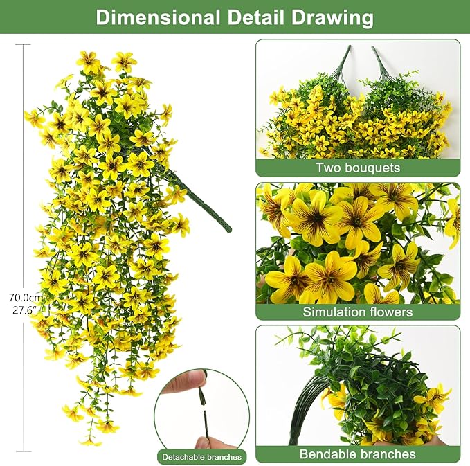Artificial Hanging Flowers Plants for Outdoor Spring Summer Decoration, 2PCS Faux Silk Daisy UV Resistant Look Real for Outside Home Indoor Planter Porch Garden Yard Decor(Yellow)