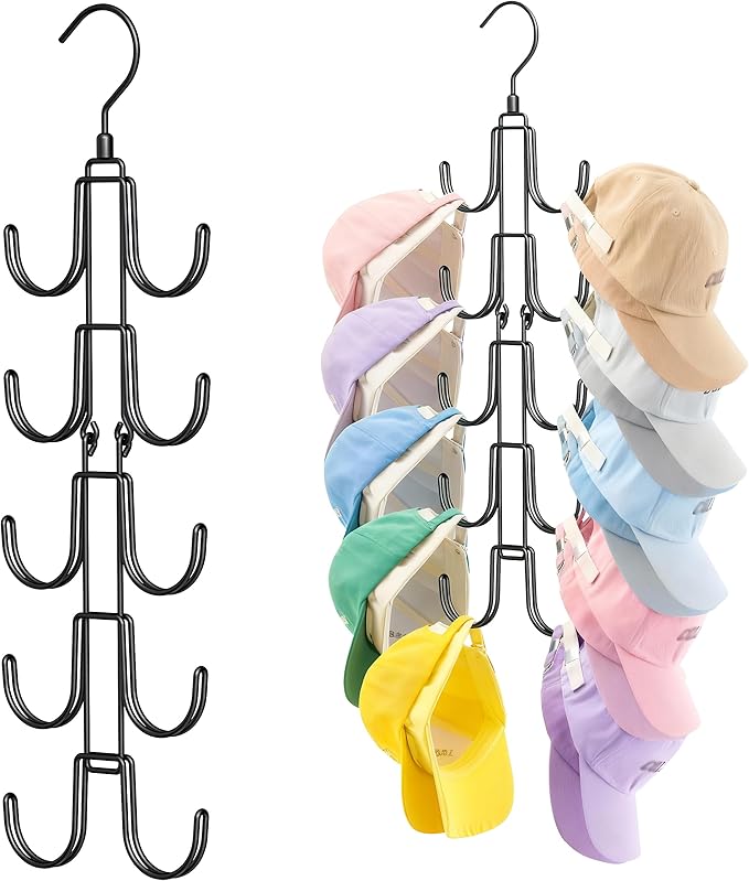 Hat Hangers for Closet, Collapsible Hat Organizer with 10-Hook, Stainless Steel Hat Holder, 360° Rotating Hat Storage Rack for Baseball Caps