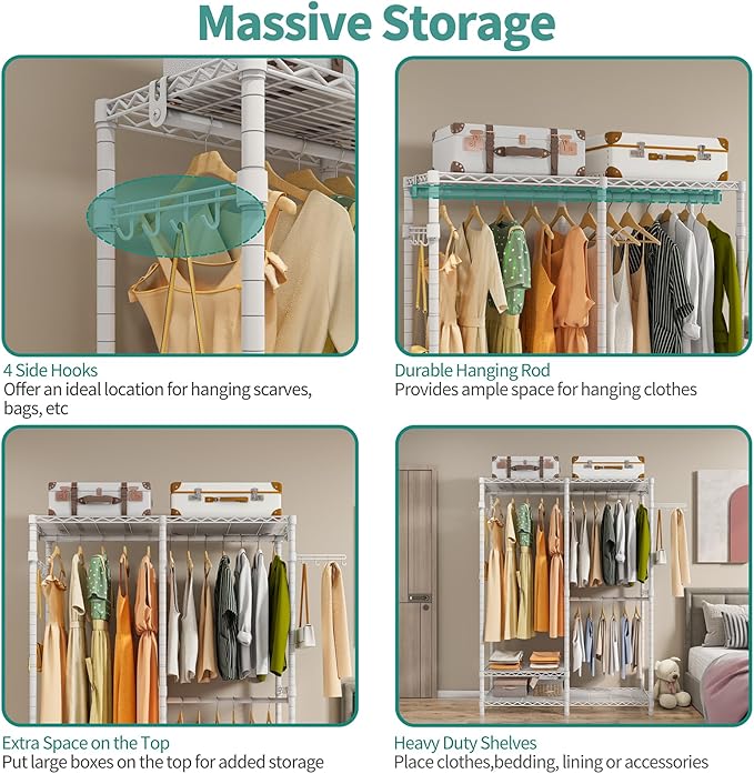 Heavy Duty Garment Rack, Metal Closet Organizers and Storage Clothing Racks 3 Tiers Adjustable Wire Shelving with 2 Hanger Rods and Side Hooks, 44.7" Lx16.5 Wx76.8 H, Max Load 800LBS, White