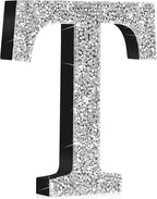 Qunclay 8'' Silver Crystal Diamond Bling Letters Crushed Diamond Decoration Wooden Glitter Letter with Screw and Hooks Rhinestone Gift for Wedding Y2k Mcbling Bedroom Wall Decor (Letter T)