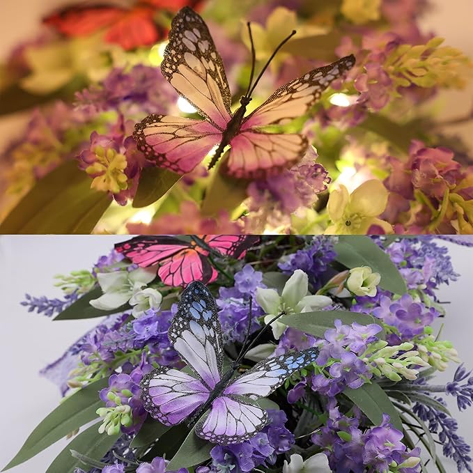 Jusdreen LED Teardrop Floral Wreath with Butterflies, Faux Lavender Hanging Decor with Lights for Farmhouse Home