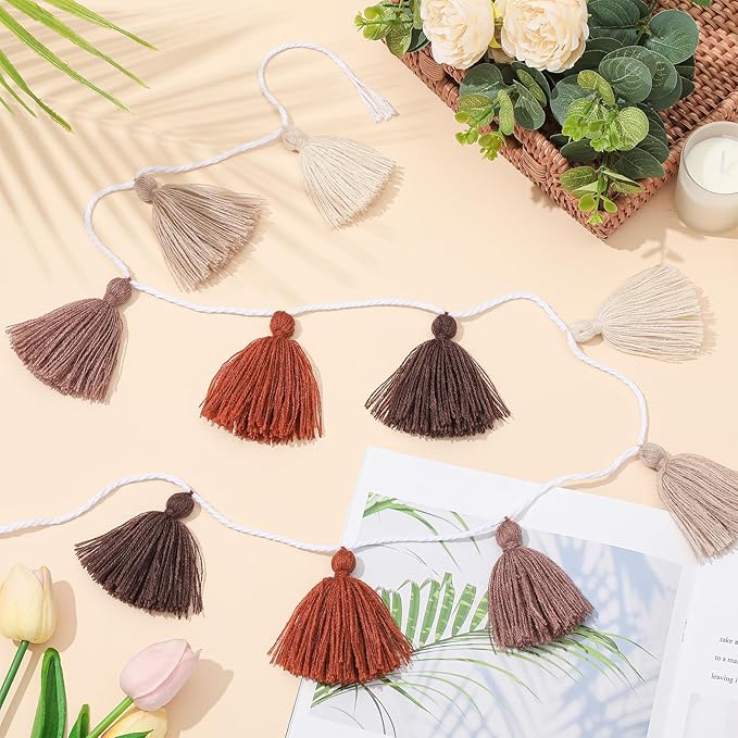 WILLBOND 4 Pieces Valentine's Day Tassel Garland for Classroom Wall Decor Boho Pastel Garland Cotton Tassel Banners for Party School(3.1 Inch,Brown Colors)