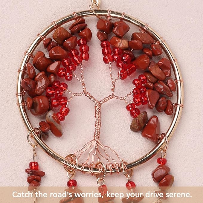 Pretty Jolly Small Tree of Life Crystal Stone Dream Catchers Red Feathers Mini Dreamcatchers for Cars Rear View Mirror Hanging Decoration Good Luck Travel Charm Bedroom Ornaments for Women Girls