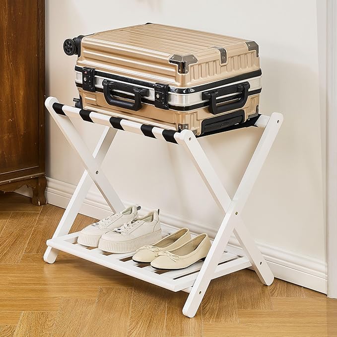 Fully Assembled Luggage Rack for Guest Room, Bamboo Foldable Suitcase Stand with Storage Shelf, Luggage Stand with 5 Nylon Straps, Luggage Holders for Guest Room Bedroom Hotel, White, 1 Pack