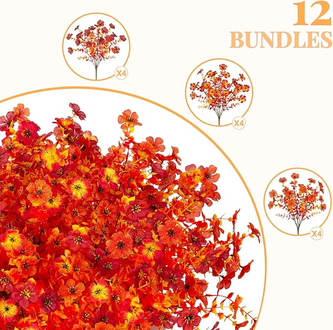 Artificial Fake Mums Fall Flowers for Outdoor Outside Decoration 12 Bundles Faux Silk Flowers Plants Realistic Daisy UV Resistant Fall Décor Autumn Front Door Porch Patio Yard Decoration
