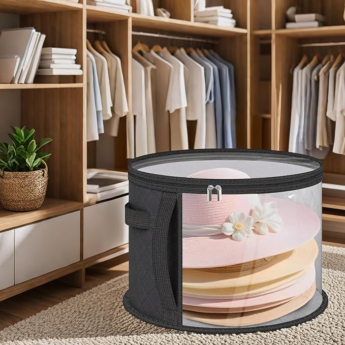 Clear Hat Storage Bag with Carrying Handles - 16.5" Large Closet Organizer for Baseball Caps, Cowboy Fedoras or Sun Hats (Black)