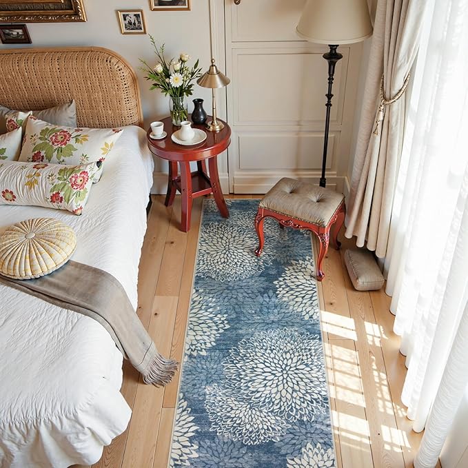 Dahlia Washable Runners for Hallways, 2x6 Blue Floral Kitchen Runner Rug,Non Slip Low Plie Hallway Rug,Boho Soft Non Shedding Carpet Runner for Bathroom Bedroom Laundry,Blue