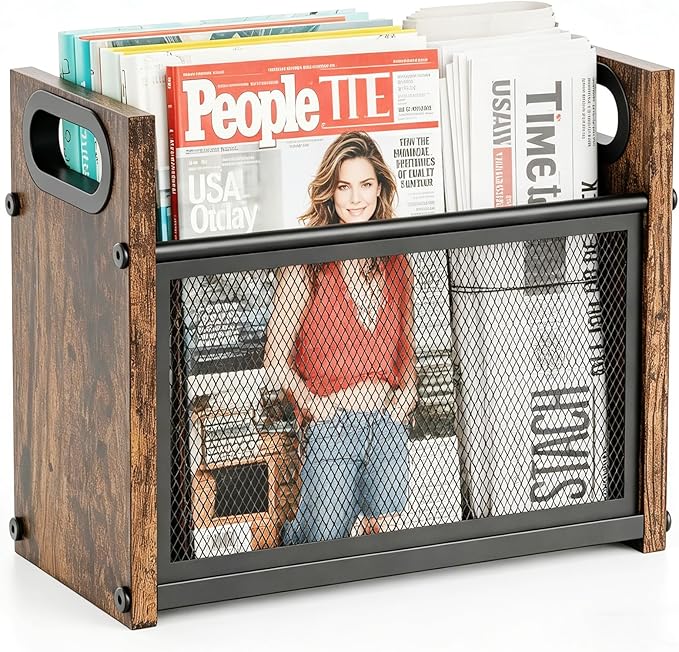 Magazine Holder, Magazine Rack Floor, Rustic Magazine Storage Basket, Farmhouse File Storage Basket Box Bin Folder Organizer Stand for Letters, Magazines, Books, Newspapers