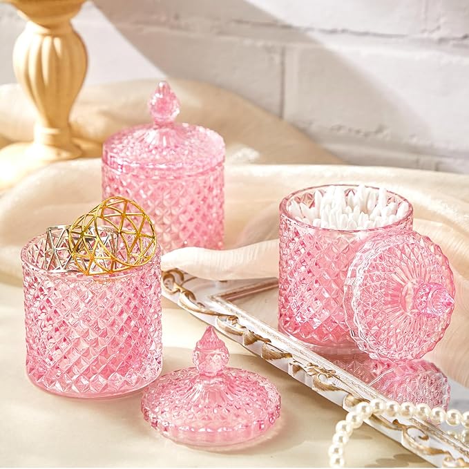 Aoriher 4 Pcs Crystal Glass Candy Jar Set with Lids Home Decorative Storage Jars for Apothecary, Bathroom, Kitchen, and Pantry, Ideal for Cotton Swabs and Jewelry (Large,Pink)