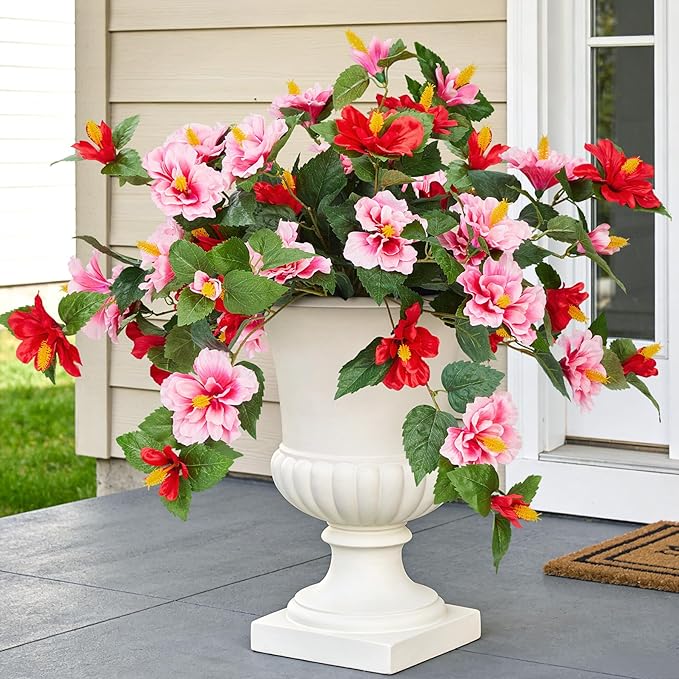 Artificial Flowers for Outdoors Indoors,2 Bunches Fake Hibiscus with Realistic UV Resistant Silk Flower Fabric Leaves,Faux Plants Outside for Home Patio Garden Yard Front Poch Decor(Red,Pink)
