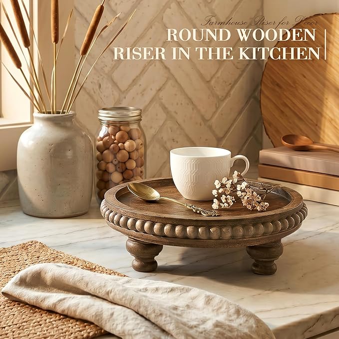 EOSAHR Pine Round Wood Riser for Room Decor – Retro Beaded Pedestal Tray for Plant Stand, Perfume Organizer, Cake Stand – Farmhouse Boho Bathroom & Kitchen Counter Accent(Brown)