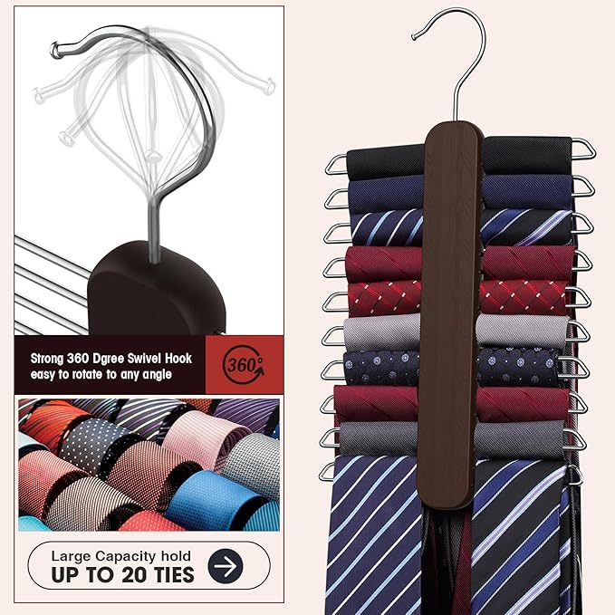 Tie Hanger,Tie Organizer for Closet 20 Storage Capacity,Wooden Necktie Organizer Tie Holder,360 Degree Rotating Accessory Organizers for Tie,Belt,Scarf
