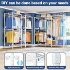 Ulif E12 Clothes Rack，Heavy Duty Freestanding Garment Rack with Shelves，Metal Clothing Closet Storage System for Hanging Clothes，57.1" W x 16" D x 76.5" H, Hold 860 lbs，White