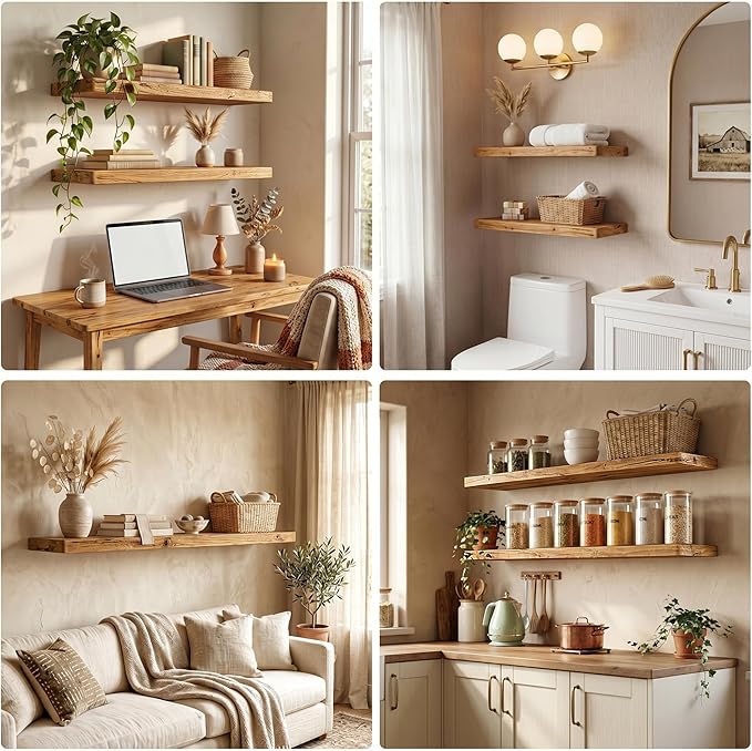 Dreamland 24" Rustic Elm Wood Floating Shelves, 8 Inch Deep Wall Shelves, Wall Mounted Floating Shelf with Invisible Bracket, Heavy-Duty Display Shelf - for Living Room, Kitchen, Bathroom, Set of 2