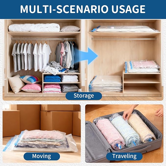 Vacuum Storage Bags with Electric Pump, 8 Jumbo Pack Space Saver Bags, Heavy Duty Reusable PA+PE Vacuum Sealer Bags for Comforters, Bedding, Blankets, Clothes, Home Organization & Travel