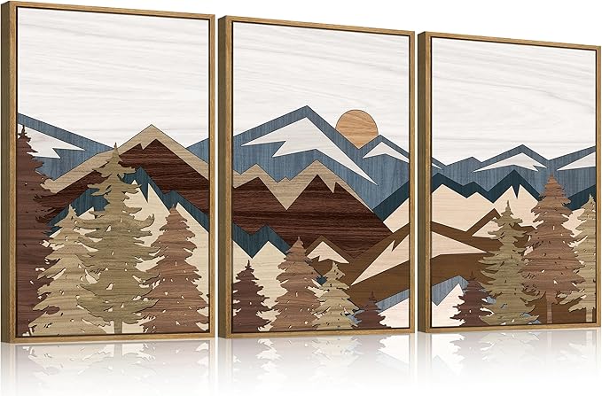 BINCUE Large Mountain Wall Art Vintage Mountains Wall Decor Framed Landscape Artwork Rustic Mountain Art Prints Farmhouse Landscape Wall Pictures for Living Room Bedroom Office Farmhouse 16x24 Inch Set of 3