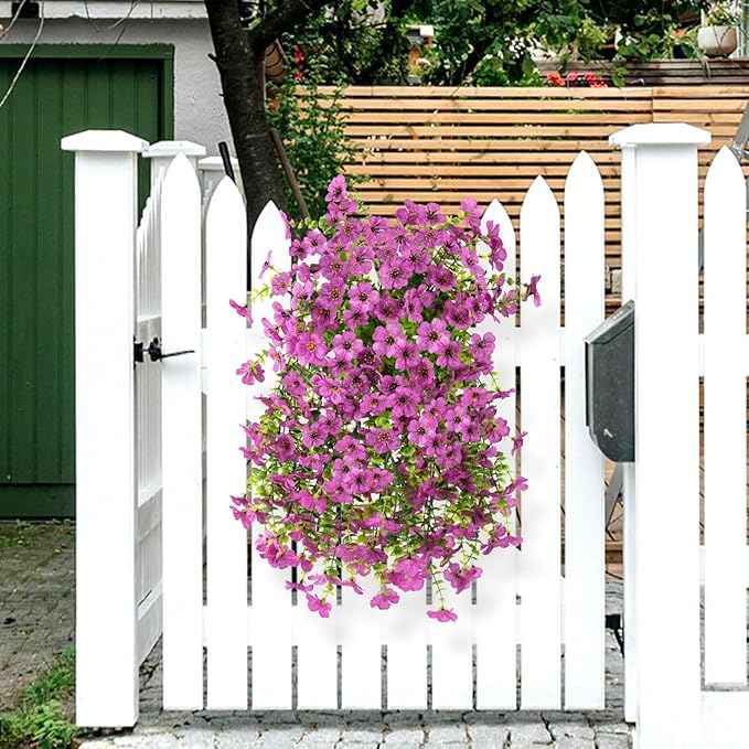 INQCMY Artificial Hanging Flowers with Basket for Spring Outdoor Decoration 3 Bunches of Silk Daisy Flower Uv Resistant for Garden Porch Patio Balcony Yard Decor (Purple2)