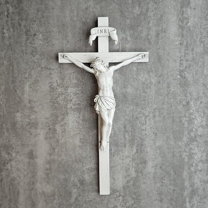 BC Catholic Crucifix Wall Cross, 10" H Jesus Christ Home Decor, Religious Gift, Wood Carved Look, Grey White Finish, Hand Painted by Buildclassic