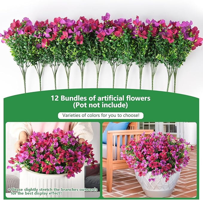 Homsunny Artificial Fake Flowers Plants for Outdoors - 12 Bundles Fake Plants Faux Silk Flowers Outside, UV Resistant for Planter Front, Porch, Garden, Patio, Spring Decor