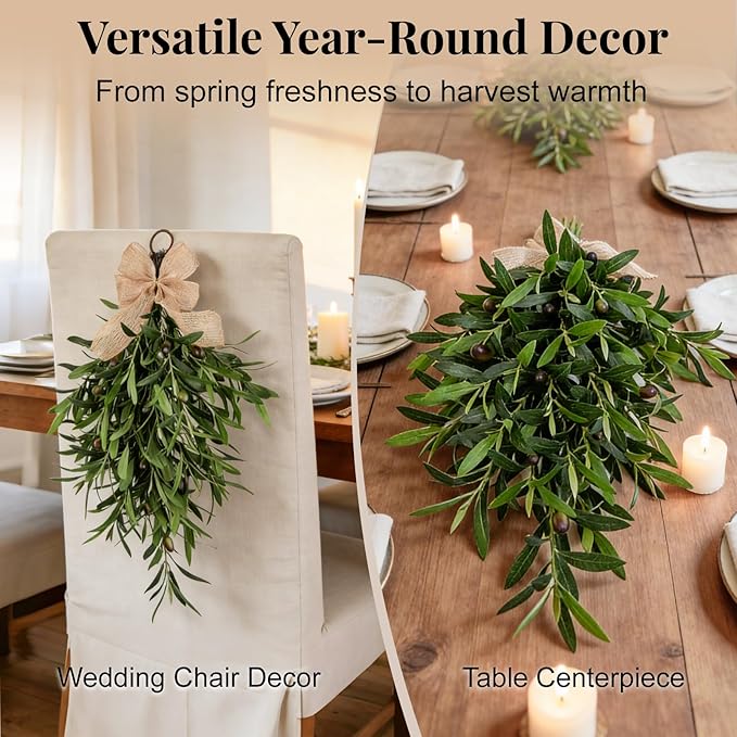 Artificial Olive Teardrop Swag Wreath for Front Door - 22 Inch Faux Greenery Wall Decor with Burlap Bow - Farmhouse Olive Branch Swag for Indoor Kitchen Entryway Wedding Arch
