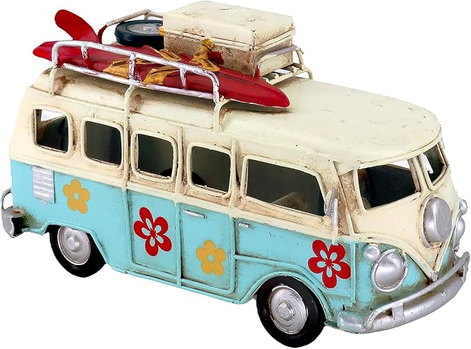 Vintage Mini Camper Van Decor, Tropical Flower Decals, Coastal Beach Style Ornament for Shelf Table Home Decoration, Light Blue