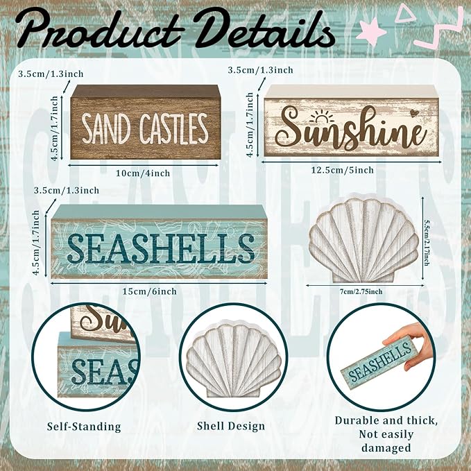 Yuntau 4 Pcs Summer Decorations for Home Beach Shells Wooden Tabletop Decor Summer Tiered Tray Decor Rustic Sand Castles Sunshine Seashells Block Sign Centerpiece Farmhouse Table for Shelf Office