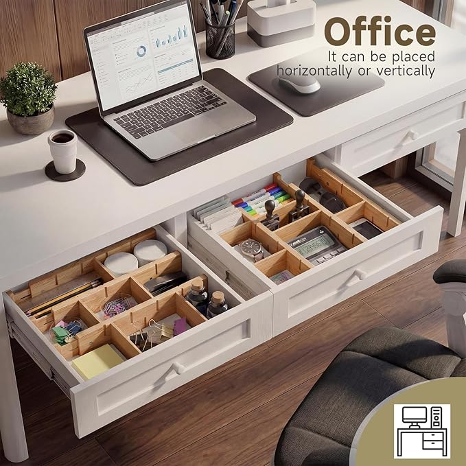 Kitchen drawer organizer,expandable bamboo drawer divider,include 8 dividers,8 small inserts and 8 medium inserts for Home, Office, Dressers (Short-8 Dividers)