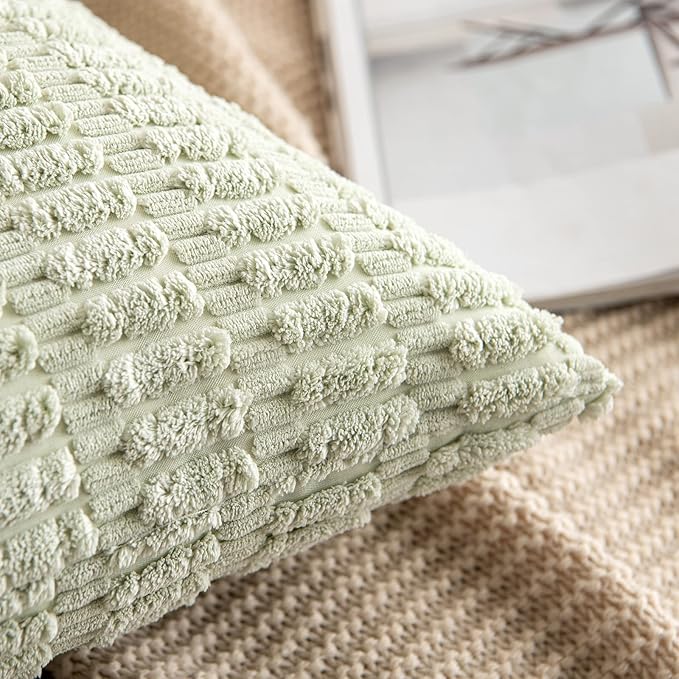 MIULEE Pack of 2 Spring Corduroy Decorative Throw Pillow Covers 16x16 Inch Soft Boho Striped Pillow Covers Modern Farmhouse Home Decor for Summer Sofa Living Room Couch Bed Light Green