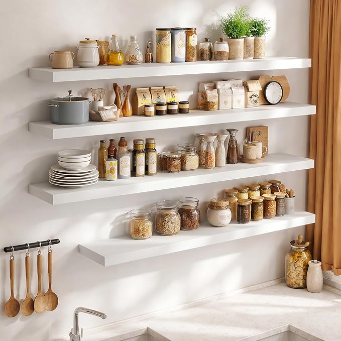 FLYJOE 24 Inch Long Floating Shelves for Wall Set of 1, 12" D Wood Grain Bathroom Shelves with Invisible Brackets, Easy Install Engineered Wood Storage Shelves for Kitchen, Living Room, Bedroom