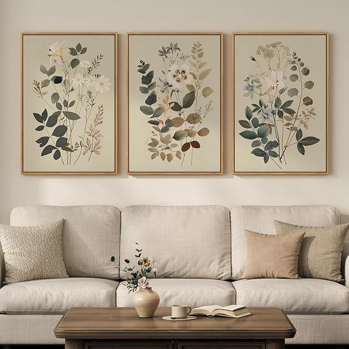 Framed Neutral Botanical Wall Art for Living Room, 3 Piece Floral Canvas Artwork for Modern Farmhouse Walls, Rustic Green Flower Painting Prints for Bedroom Office Kitchen Wall Decor, 20x30 Inch