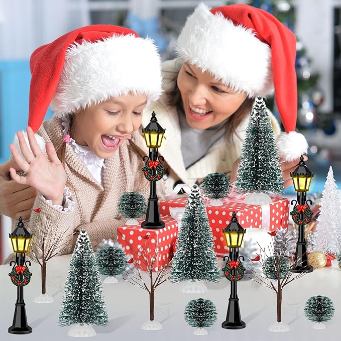 16 PCS Christmas Figurine Village Accessories, Mini Street Light Models with Brush Trees, Miniature Christmas Pathway Street Lamps Lantern Post for DIY Micro Landscape Fairy Garden