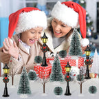 32 PCS Christmas Figurine Village Accessories, Mini Street Light Models with Brush Trees, Miniature Christmas Pathway Street Lamps Lantern Post for DIY Micro Landscape Fairy Garden