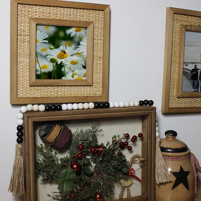Farmhouse Decor Beads 31in Wooden Bead Garland with Tassels Rustic Minimalist Home Accent Prayer Country Boho Decoration for Wall Hanging Living Room Coffee Table Mantle Shelf Decor (MIX-Color-1)