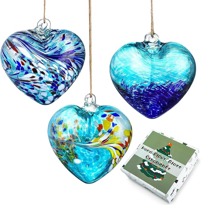 Set of 3 Handmade Glass Heart Ornaments 3.9 Inch Blue Friendship Heart Decor for Garden Home Centerpiece Gifts for Women