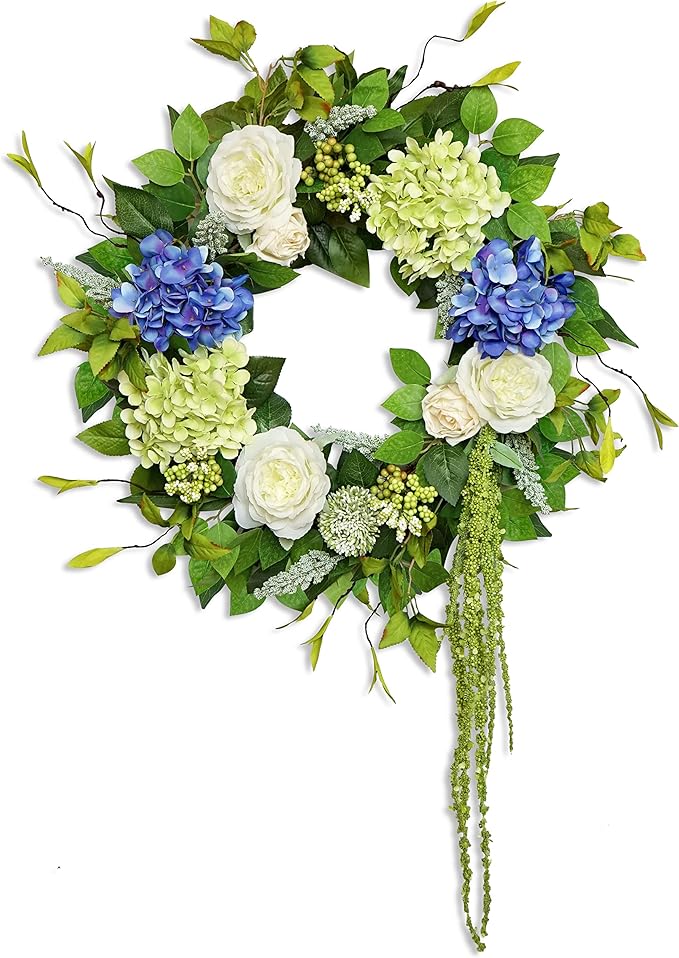 Spring Summer Wreaths for Front Door 24 Inch Summer Wreath with Hydrangea, Rose & Peony Floral Spring Door Wreath with Lush Greenery for Indoor & Outdoor Seasonal Home Decor