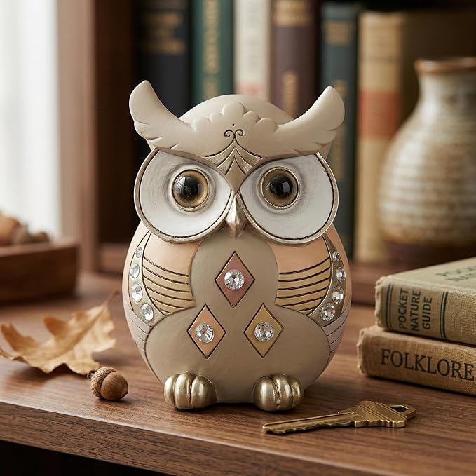 Owl Statue Home Decor, Vintage Resin Figurine with Crystals for Shelf, Boho Decorations for Living Room Office Desk, Unique Gifts for Women Bird Lovers